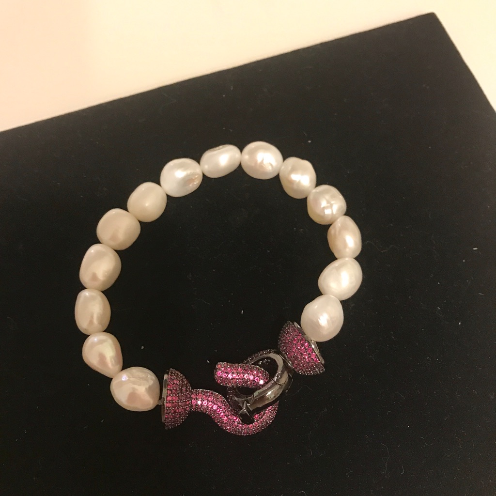 Freshwater Pearl Bracelet Magenta Cz Faux Clasp